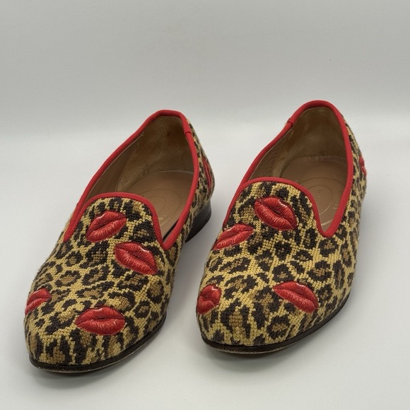 Stubbs & Wootton Women's Leopard Needlepoint Red Lips Red Trim Loafers Shoe 7.5 - Picture 2 of 12